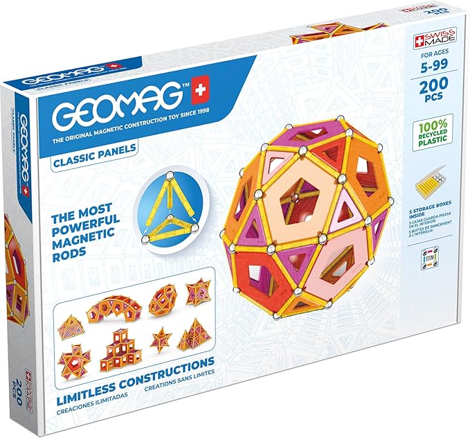 Geomag Classic Magnetic Toys for Kids Ages 5+, 200pc Educational STEM Magnets for Kids - Swiss-Made Magnetic Blocks, Tiles and Building Toys from 100% Recycled Plastic