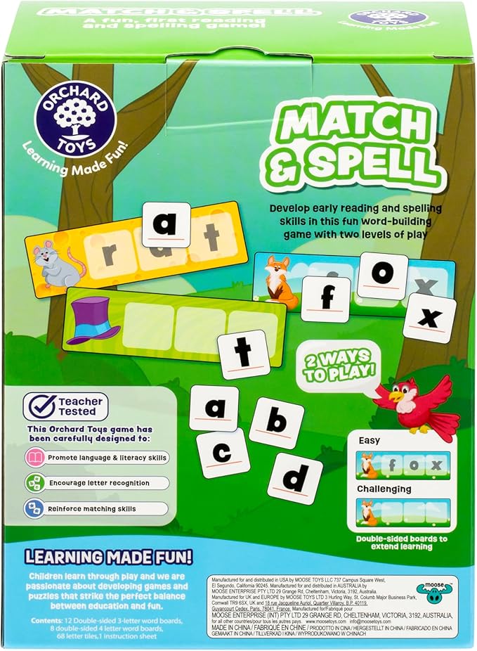 ORCHARD TOYS Match & Spell Game - New Art, Develop Your Children's Early Reading and Spelling Skills in This Updated, Fun Word-Building, 2 Ways to Play, for Ages 4+, Single or Multiplayer