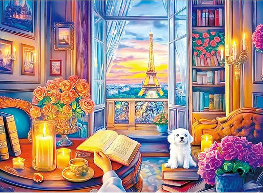 300 Pieces Puzzles for Adults,Eiffel Tower Dusk Reading Scene Puzzles,Large Piece Puzzle for Seniors,Cute Puppy Jigsaw Puzzles for Kids Ages 8-10,Challenging Family Games, 20.5 x 15 in