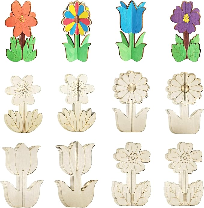 DIY 3D Flower Spring Wood Crafts to Paint, Spring Unfinished Wooden Slices for Craft, Flowers Ornaments for Painting Decorations (32 PCS)