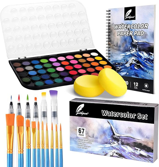 Watercolor Paint Set, 48 Color Watercolor with 10 PCS Nylon Brushes,6 PCS Refillable Water Brush Pen, 12 Page Pad and 2 PCS Art Sponges. Watercolor Paint set for Adults,Children and Beginners