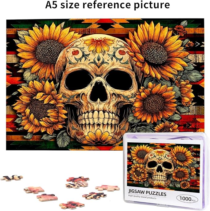 Horror Skull Halloween Puzzles for Adults 500 Piece Colorful Sunflower Skeleton Jigsaw Puzzle Gothic Holiday Party Gifts Puzzle Home Decor