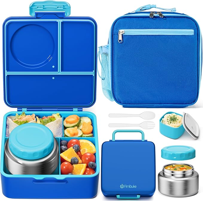Fimibuke Bento lunch Box Set for Kids Adult with 8oz Thermos Food Jar, Insulated Lunch Bag &Sauce Cup, Leakproof Dishwasher Safe Toddler Lunch Food Container with 3-4 Compartment for School Girls Boys