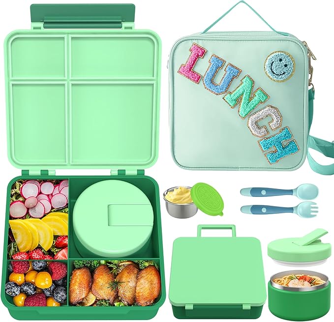 Kids Bento Lunch Box with 8oz Soup Thermo, Kids Leakproof Lunch Food Containers with 4 Compartment,Insulated Hot Food Jar with Lunch Bag for School, Travel (Green)