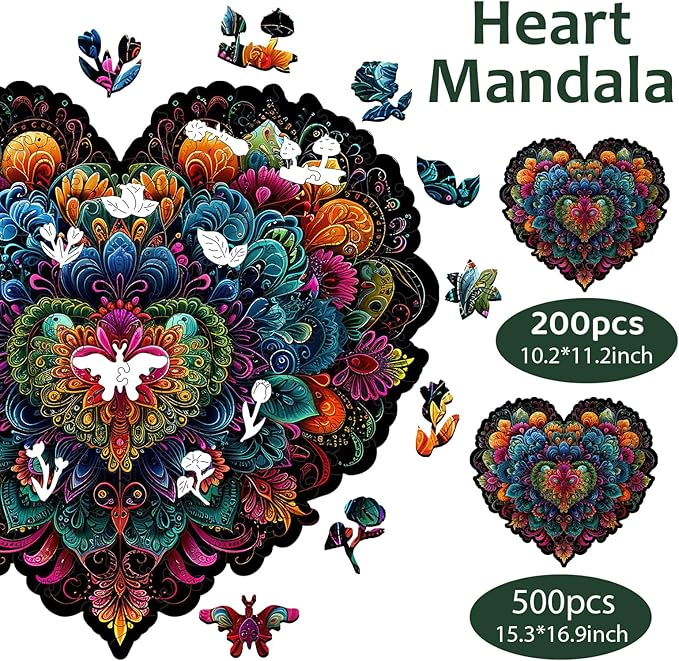 Ruikiyart Wooden Puzzles for Adults, 5MM 200 Pieces Heart Flower Wooden Jigsaw Puzzle, Mandala Unique Shapes Puzzles Great Gift for Adults and Ki on Birthday, Christmas (10.2"x11.2")
