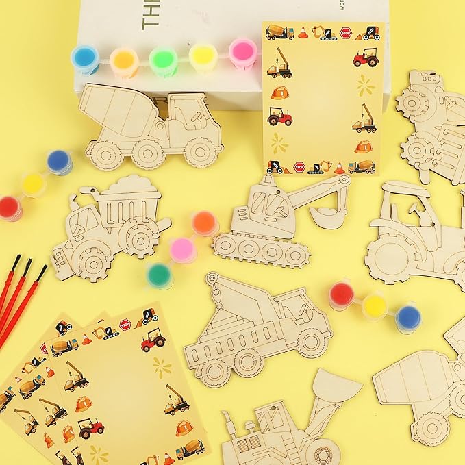 LARDUX Construction Party Favors, 24PCS DIY Wooden Arts & Crafts Painting Kit for Kids , Glow in The Dark Party Favors Family Crafts Birthday Party Christmas Gifts Toys for Boys Girls