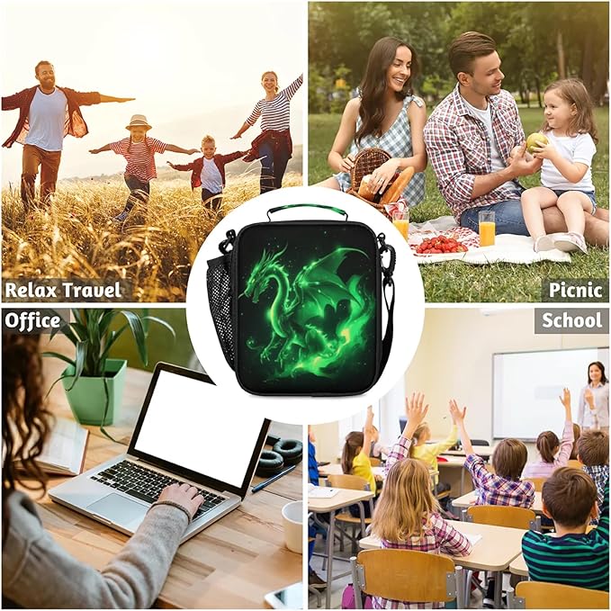Green Dragon Lunchbox Boys Insulated Lunch Bag Reusable Portable Lunch box with Adjustable Shoulder Strap and Water Bottle Holder for Work School Travel