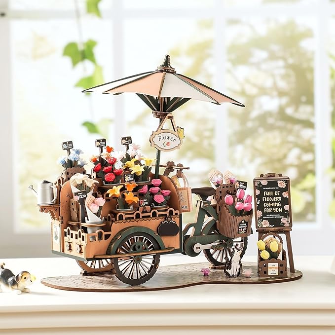 ROBOTIME 3D Puzzles for Adults DIY Model Kit to Build Floral Cart Wooden Puzzle Craft Kit Toy Hobby Gift Home Decor