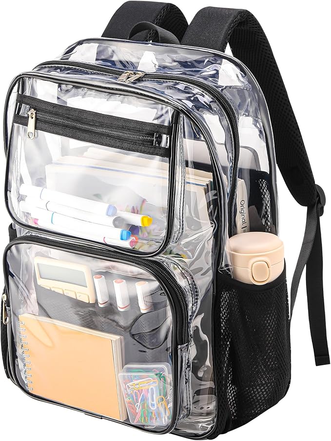 Lightweight Clear Bookbag for School or Stadium Events - Black Transparent Plastic See-Through Backpack Black