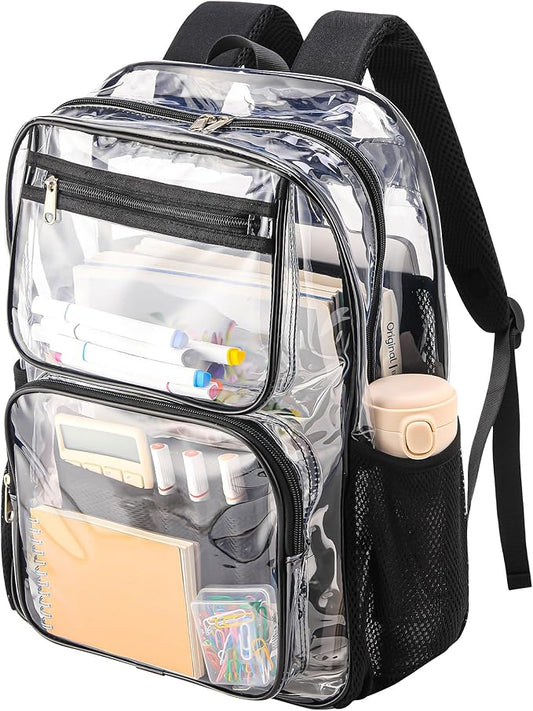Lightweight Clear Bookbag for School or Stadium Events - Black Transparent Plastic See-Through Backpack Black