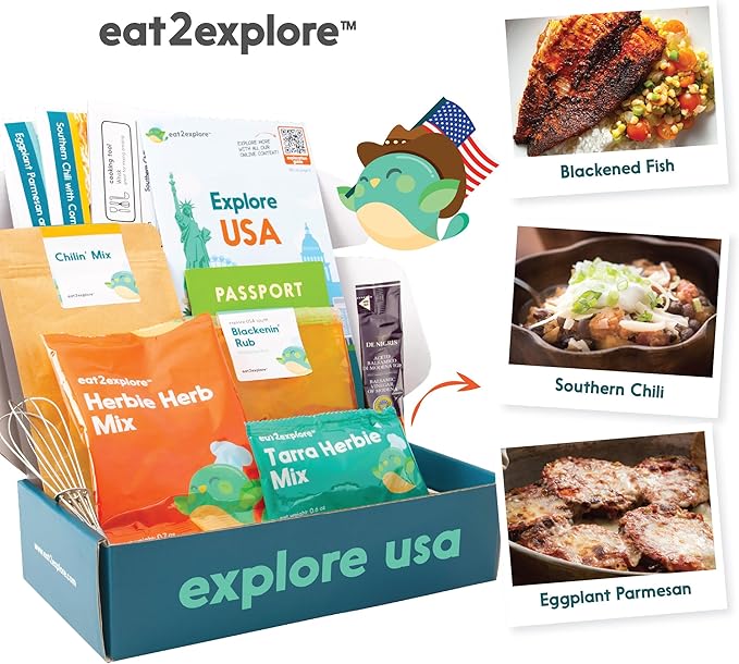 eat2explore Cooking Kits for Kids - Interactive & Educational Set with 3 Recipe Cards, Key Ingredients & Cooking Tools - Ideal Idea for Kids who Love to Create Meals (USA Edition)