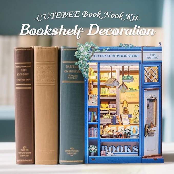CUTEBEE DIY Book Nook Kit, Miniature House Kits for Adult and Teens, DIY Miniature Book Nook kit with Sensor Led Light, Gifts for Lovers and Family (Literature Bookstore)