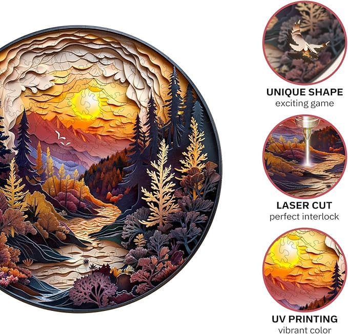 Jigfoxy Wooden Puzzles for Adults, Visual 3D Sunset Forest Wood Puzzles Adult, Unique Animal Shape Wooden Jigsaw Puzzles for Adults, Birthday Gifts for Puzzle Lovers, Family (S-8.5 * 8.5in-100pcs)