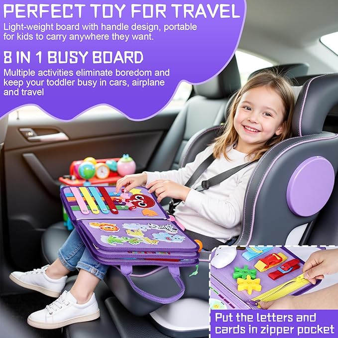 Esjay Toddler Busy Board Montessori Toys for Girls, Sensory Board Educational Activities Learning Fine Motor Skills, Birthday Gifts for Girls Toddlers, Travel Toys for Airplane Car, Purple Merpeople