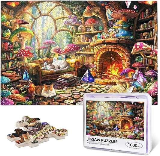 Mushroom Cottage Jigsaw Puzzles for Adults 1000 Pieces Magical Forest Treehouse Scene Puzzles Challenging Puzzle Games for Night