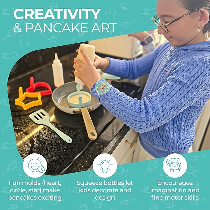 Tovla Jr. Junior Pancake Master Kit for Kids | Real Cooking Set with Reusable Silicone Pancake Molds, Bottles & Spatula | Educational STEM Gift Ages 6–12 | DIY Pancake Art Activity with Visual Recipes