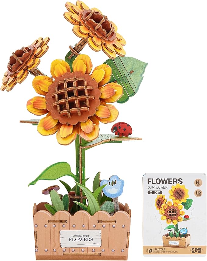 3D Wooden Puzzles for Adults - Sunflower Flower Puzzle, DIY Wooden Flowers Model Building Kits Crafts, Botanical Collection Gift Ideas for Mother's Day Birthday Christmas Housewarming