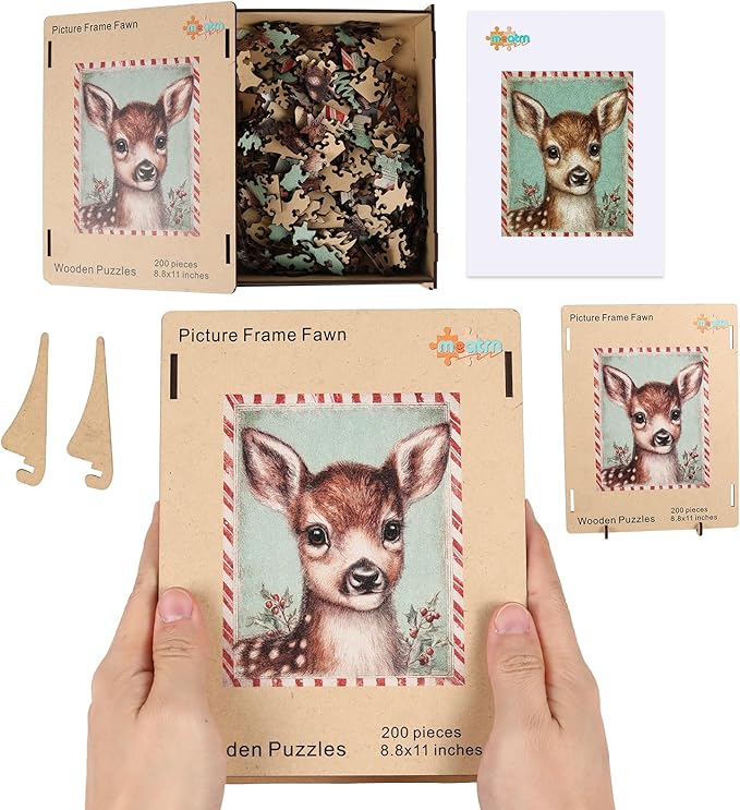 Christmas Deer Wooden Puzzles for Adults - 500 Pcs,13.3"×16.7", Picture Frame Fawn Educational Holiday Puzzle with Special Shapes, Stress Relief Family Game Night & Home Decor