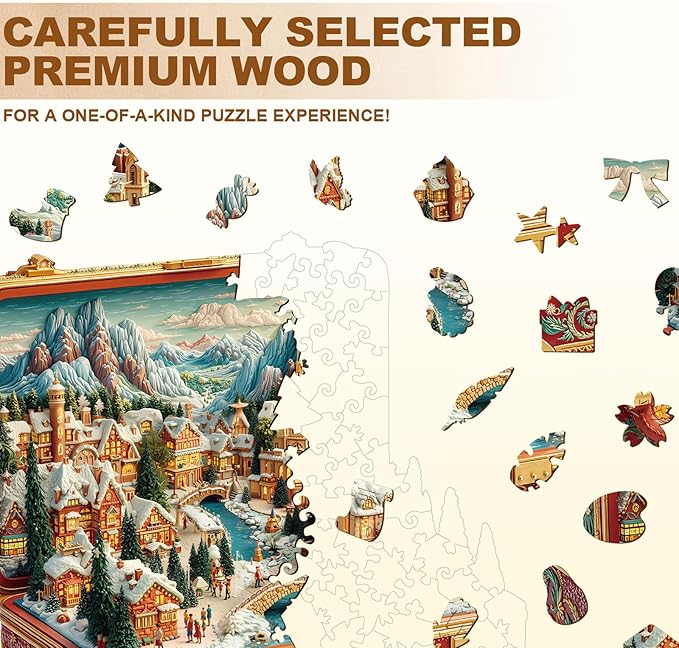 WOODBESTS Wooden Puzzles for Adults (185 Piece, M, 11.4 * 11.1in) Christmas Suitcase Town Wood Puzzle Adult, Unique Wooden Animal Jigsaw Puzzles, Family Game and Birthday Gifts for Friend