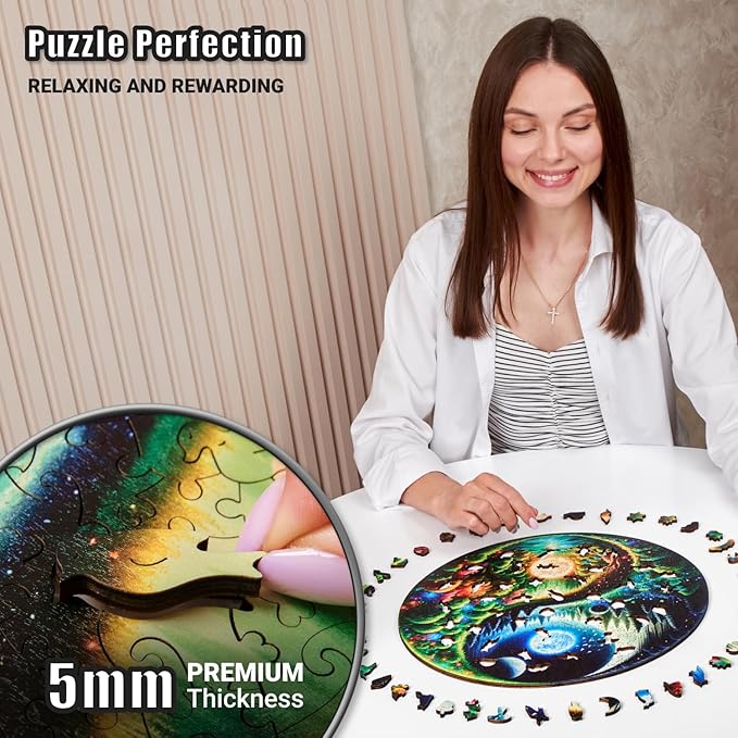 LEOGOR Wooden Jigsaw Puzzles for Adults 350 Pieces (15 × 14.9 in), Yin Yang Puzzle, Extra-Thick 5mm Wood, Round Mosaic Puzzles with Unique Animal Shapes, Challenging, Beautiful Gift for Puzzle Lovers