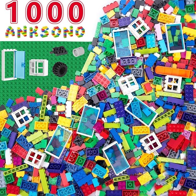 1000 Pieces Building Bricks, Classic Building Bulk Block for Kids with 12pcs Wheels Accessories, Windows, Doors, 2 Packs Studs Sticky Plate, Compatible with All Major Brands, Gfits for Kids