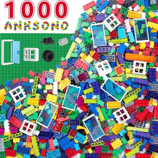 1000 Pieces Building Bricks, Classic Building Bulk Block for Kids with 12pcs Wheels Accessories, Windows, Doors, 2 Packs Studs Sticky Plate, Compatible with All Major Brands, Gfits for Kids