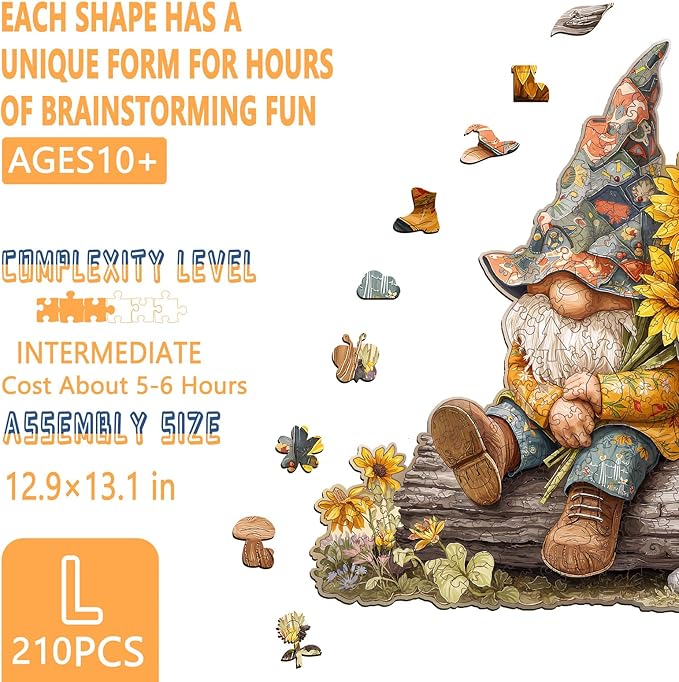 Wooden Puzzles for Adults, Sunflower Gnome Wooden Jigsaw Puzzle for Adults, Colorful Flowers Wood Puzzles Adult, Unique Shape, Fun Presents for Friends, Wall Art Home Decor(L -12.9 * 13.1in-210 pcs)