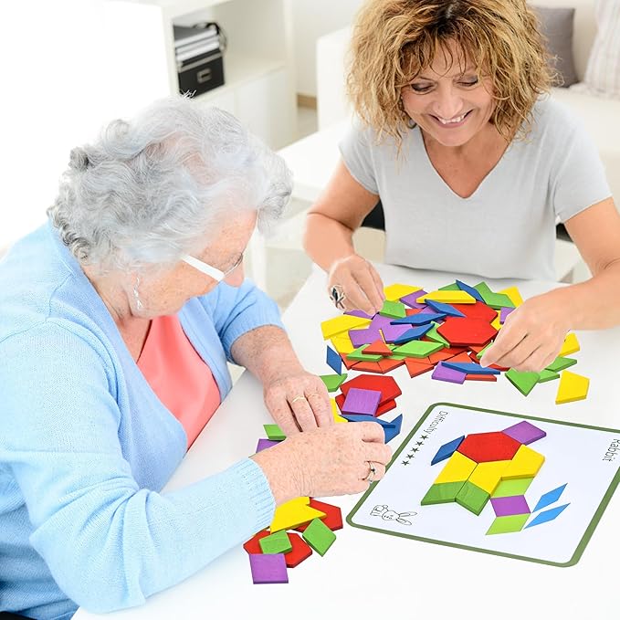Activities for Dementia Patients, 80 Pieces Wooden Tangrams Puzzle Game for Seniors, Colorful Shape Pattern Alzheimers Products for Elderly, Tile Matching Board Memory Cognitive Gifts