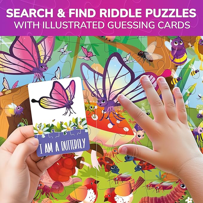 QUOKKA Search and Find Puzzles for Kids Ages 4-6 - Riddle Kids Puzzles 6-8 Years Old - 70 Unique Pcs - 20 Illustrated Guessing Cards - Engaging Children Themes - Bugs Puzzle Gift for Toddlers 3-5