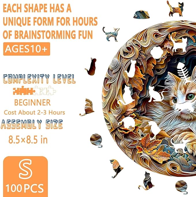 Wooden Puzzles for Adults, 3D Visual Effects Inside The Cave with A Persian Cat Wooden Jigsaw Puzzles for Adults, Unique Shape, Wood Puzzles Adult, Wall Art Home Decor (S-8.4 * 8.4in -100 Pcs)
