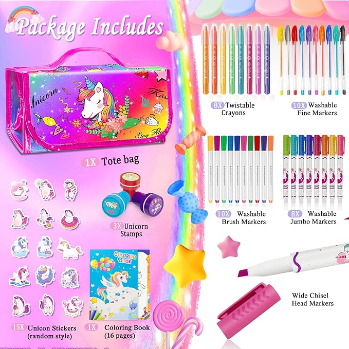 weirtoya 56 PCS Washable Scented Markers Set with Glitter Pencil Case, Mermaid Unicorn Arts and Crafts for kids 4-6-8 Kids Coloring Drawing Kits for 4-8 Years Old Girls Birthday Gifts
