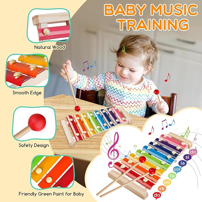 Montessori Baby Toy for 1+ Year Old Sorting Stacking Learning Toys 6 to 12 Months Wooden Building Blocks, Xylophone Musical, Infant Teethers Toys for Baby, 6 in 1 Toy Birthday Gifts for Toddlers 1 2 3