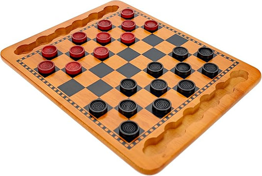 WE Games Solid Wood Checkers Board Game – 14.5-Inch Vintage Checkers Set with Inset Grooves & 24 Red & Black Board Game Pieces – Fun Family Table Game