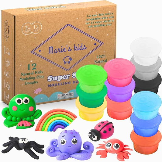 Modeling Clay for Kids - 12 Super Soft & 100% Natural Doughs Made from Wheat Flour - 100g Per Can of Reusable & Vibrant Clay Modeling Kit for Ages 3+ by Marie’s Kids