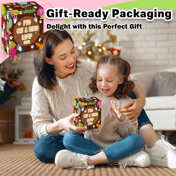 FUNZBO 2Pcs Paint Your Own Dinosaur & Cat Lamp - Arts and Crafts Supplies Painting Kits for Kids Teens Adults, DIY Night Light Toy for Toddlers Girl Boy Ages 3 4 5 6 7 8 9 10 11 12 13 + Birthday Gifts