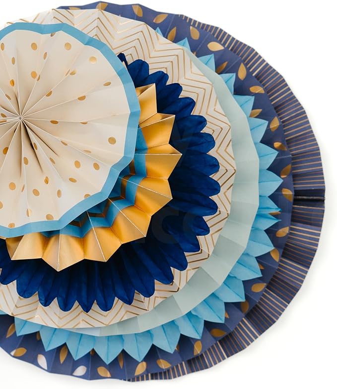 PapaKit Origami Wall Decoration Set (8 Assorted Round Paper Fans) Birthday Party Baby Shower Wedding Events Decor | Creative Art Design Pattern (Starry Midnight Blue with Metallic Gold Accent)
