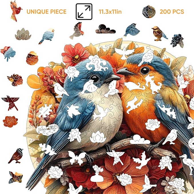 Wooden Jigsaw Puzzles -Twin Birds Wooden Puzzles for Adults, 200 Pcs Size 11.3'' x 11'', Luxurious Shaped Wood Puzzle, Beautiful Package, Best Gift for Adults, Family Game