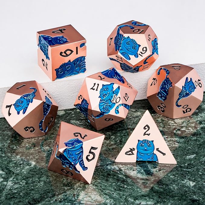 Metal DND Cat Dice 7PCS Polyhedral RPG Dice Set with Gift Case for Dungeons Dragons Role Playing Game, D and D Dice D6 D8 D10 D12 D20 D% (Copper Blue)