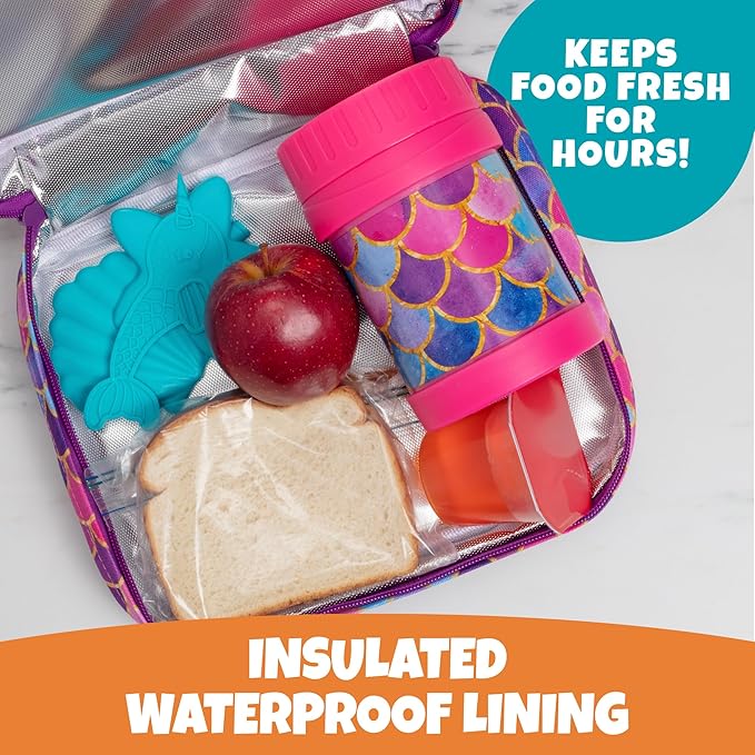 Bentology Kids Lunch Bag Set w Matching Reusable Food Jar & Hard Ice Pack- Mermaid- Insulated Tote, Stainless Steel thermos & Freezer Pack to Keeps Food Fresh for Hours- Back to School Lunch Box Kits