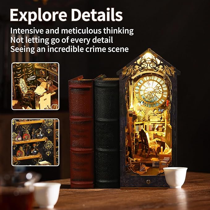 CRIOLPO Book Nook Kit - DIY Doll House Booknook, Book Nook Miniature Kit for Bookshelf Insert Decor Crafts for Adults Teen Halloween, 3D Wooden Puzzle Bookends with Sensor Led Light
