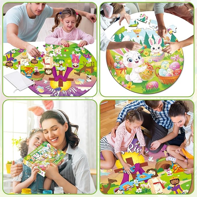 71Pcs Easter Jigsaw Puzzles for Kids Ages 3-5 4-8 Bunny Jesus Double Sided Puzzle for Kids Religious Easter Egg Round Floor Puzzles Happy Easter Party Supplies Preschool Brain Teaser Educational Toys