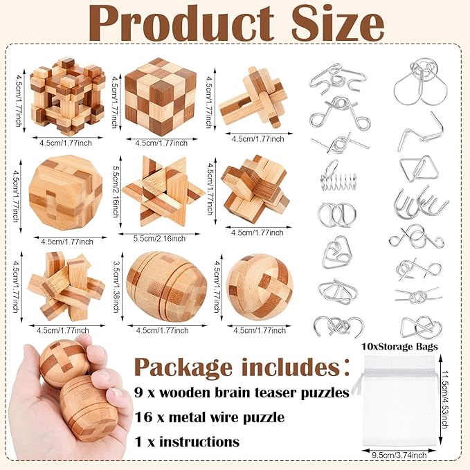 25 Pcs Wooden Brain Teaser Puzzles Metal Wire Puzzle Set, 3D Unlock Interlock Game IQ Test Toy Mind Game Toys Brain Teaser Toy Puzzle for Adults