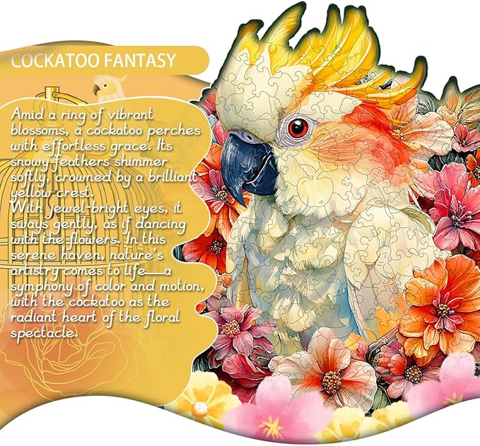 Wooden Jigsaw Puzzle, 200-500 Pieces Unique Shape Animal Puzzle, for Adults & Kids, Birthday Gift Family Game, Decorative Puzzle, Unique Gift (Cockatoo Fantacy, 200 PCS)