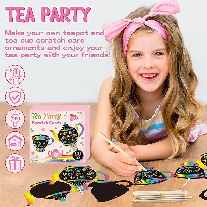 CY2SIDE Tea Party Scratch Cards - 60PCS DIY Floral Tea Cup and Teapot Scratch Paper Art for Kids School Activity, Let’s PARTEA Magic Art Rainbow Color Craft Ornament for Baby Shower Wedding Decoration
