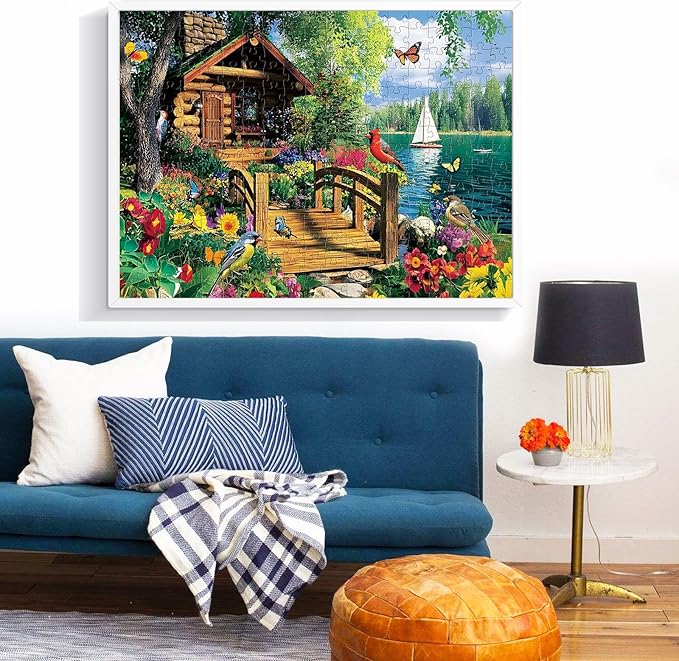 300 Piece Puzzles for Adults,Lake Cabin Jigsaw Puzzle for Adults Kids Elderly,Large Piece Countryside Puzzle for Kids Age 8-10 10-12,Challenging Landscape Puzzle,Family Game Great Gift 20.5x15in