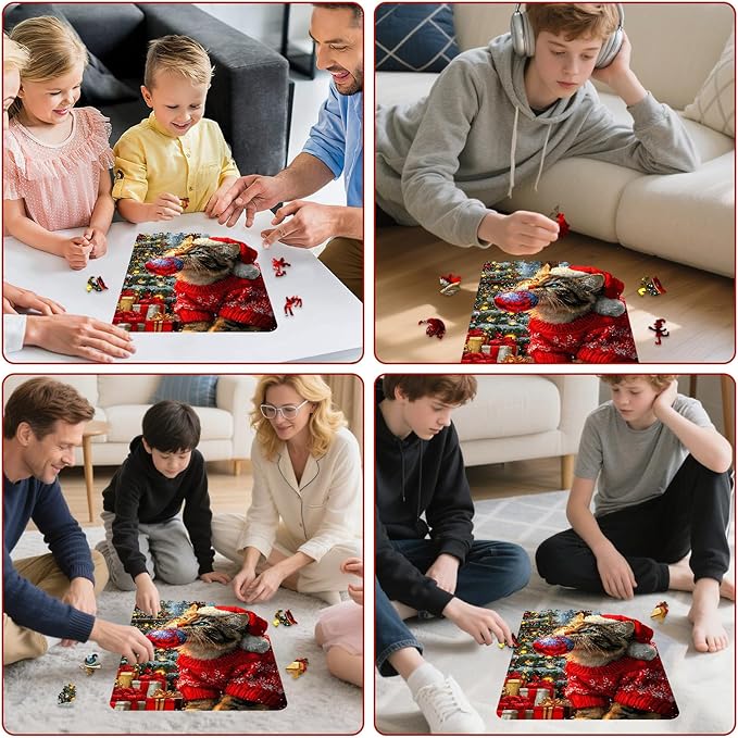 Christmas Hat Cat Jigsaw Puzzles - 200 Pcs Handmade Wooden Puzzle with Unique Shapes, Stress Relief & Educational Fun, Family Game Night 8.9×12.1 Inch, Best Gift for Friends