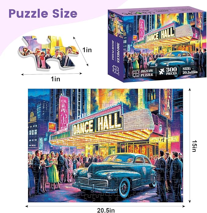 300 Piece Puzzles for Adult, Neon Dance Hall Puzzle 300 Pieces for Adults Kids Senior, Retro Style Adult Puzzles, Challenging Family Puzzle Colorful Activity Game Gift for Friend 20.5 X 15 Inches