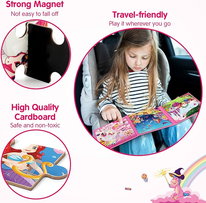 SYNARRY Unicorn Mermaid Princess Magnetic Puzzles for Toddlers 3-5 Girls, 20 Pieces Travel Puzzles for Kids Ages 4-6, Car Airplane Road Trip Activities Toys for 3 4 5 6 Year Old Girls Birthday Gifts