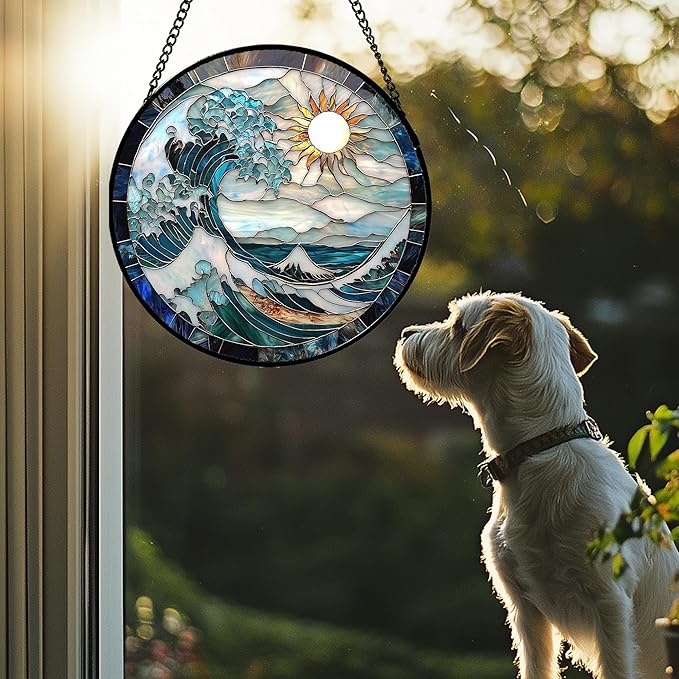 Stained Glass Window Hanging - White Sun Big Wave Suncatcher for Door Terrace Garden Home Decor Blue Ocean Landscape Sun Catcher Birthday Gifts for Lovers Women Men Dad Mom Nana 6.3 in