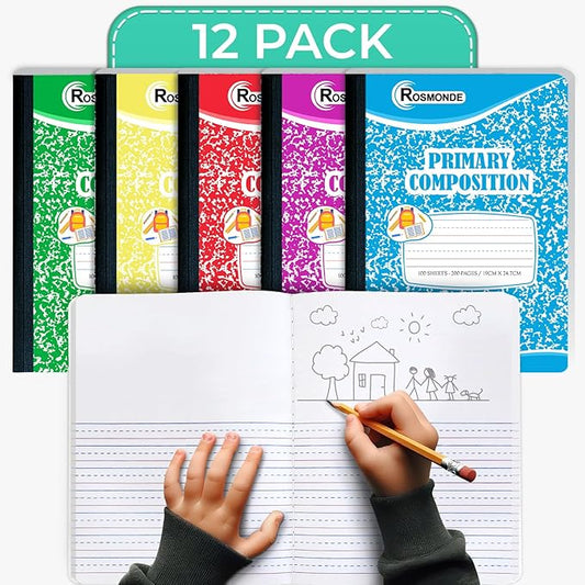 Composition Notebooks Primary Ruled, 12 Pack, 200 Pages (100 Sheets), Draw and Write Journal, Primary Composition Notebook for Kids, Grades K-2, Hard Cover, Assorted Colors, Colors May Repeat